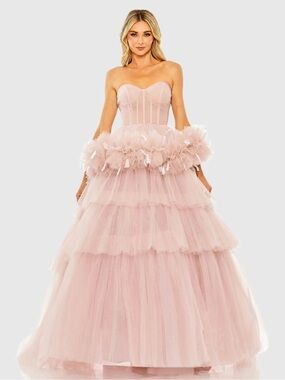Mac Duggal Pink Strapless Tulle Gown with Feather Detail (20572)